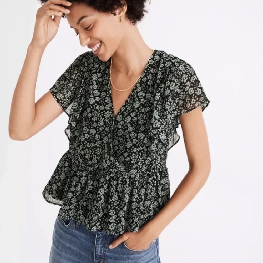 Madewell Georgette Ruffle-Sleeve Peplum Top in Fleur Field (Size XS)